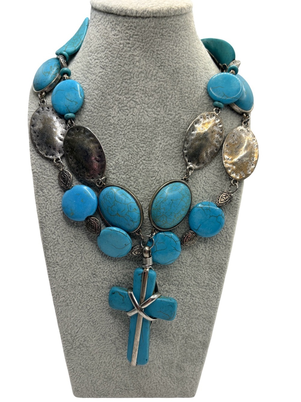 Turquoise Cross Pendant Necklace Silver Tone Southwestern Boho Statement